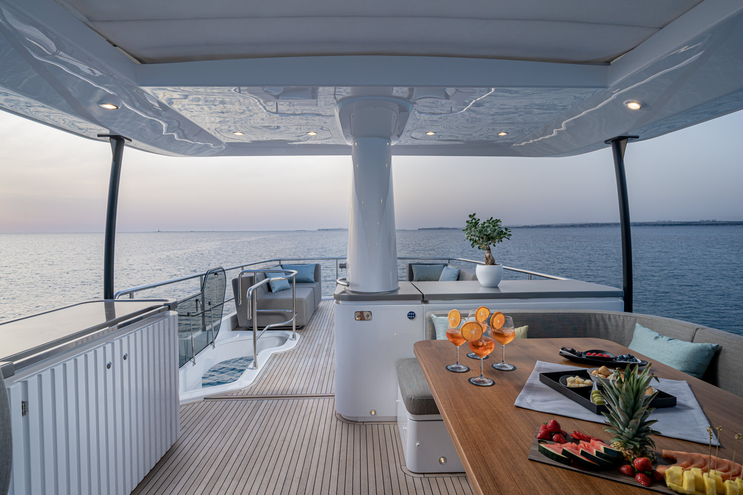 Luxury yacht exterior with sunset view captured during a yacht photoshoot in Antibes