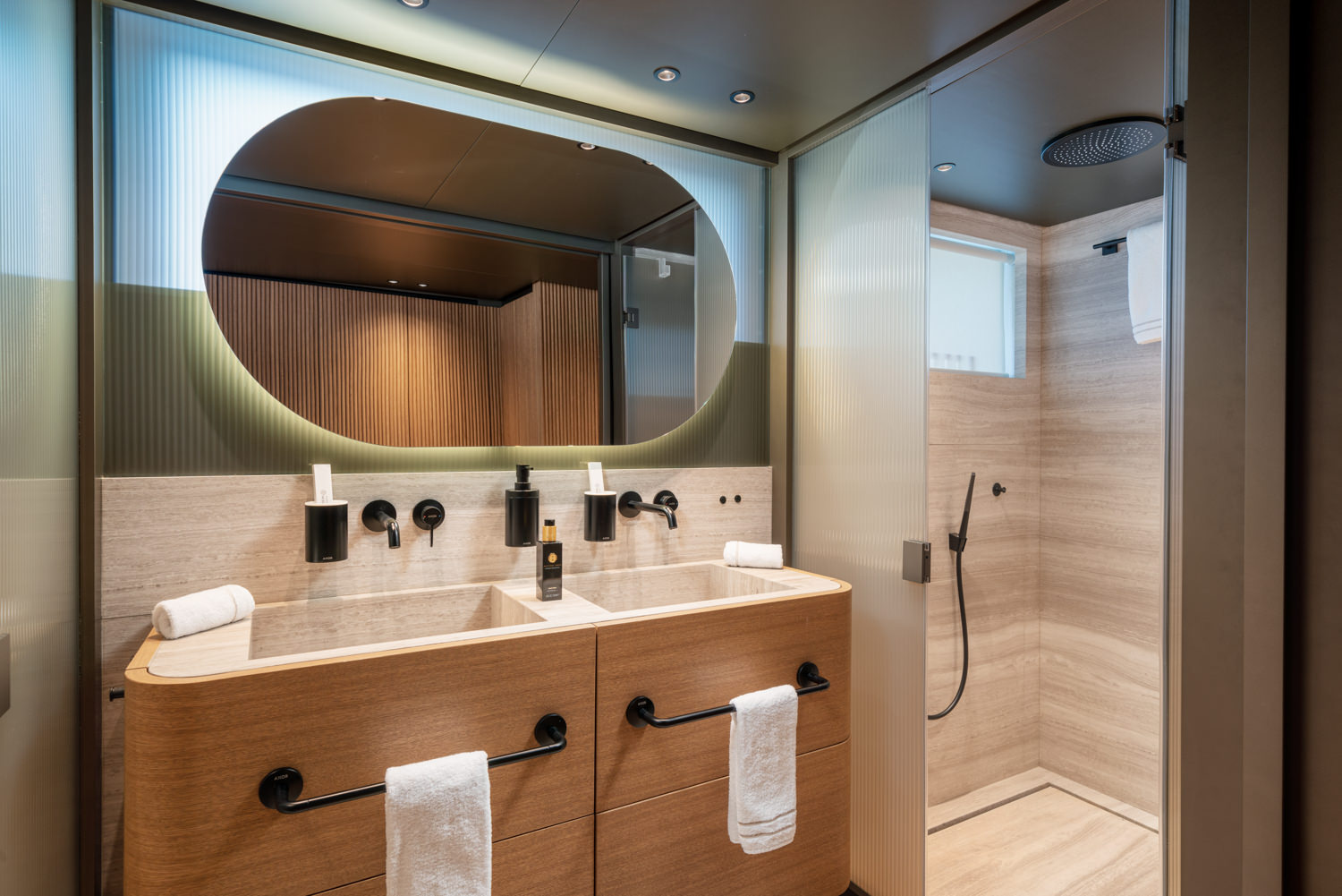 Luxury VIP yacht bathroom with sophisticated design, photographed in Cannes.