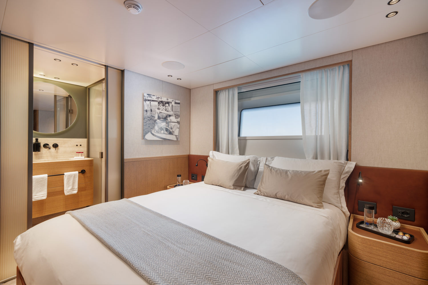 Sanlorenzo VIP yacht cabin with luxury design, photographed in Imperia.
