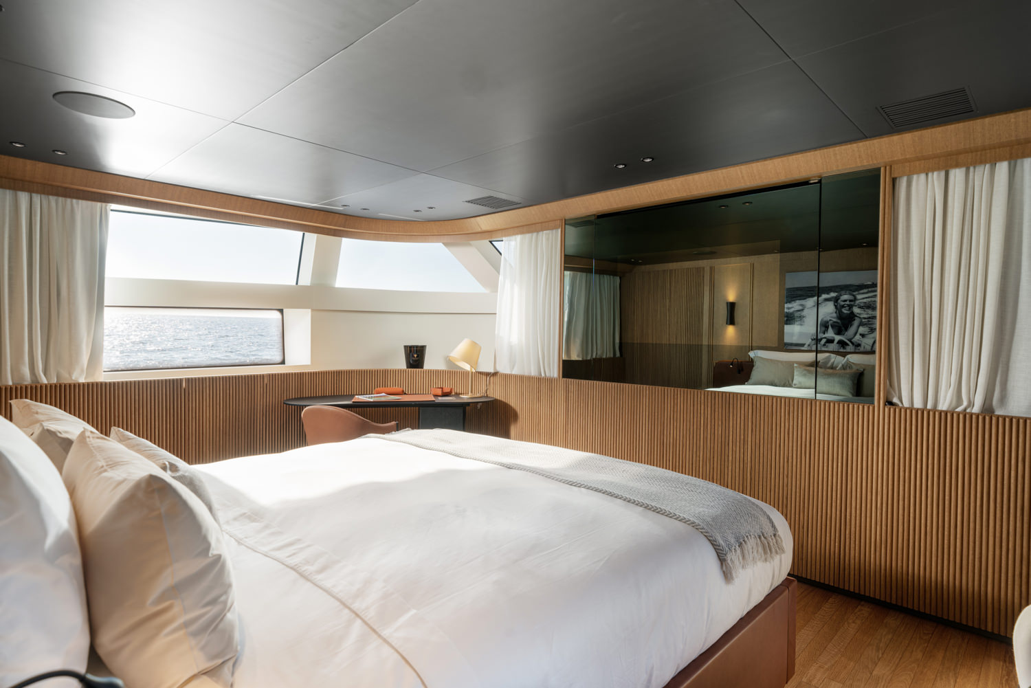 Master room of a Sanlorenzo yacht with luxurious design, photographed in Saint-Tropez.