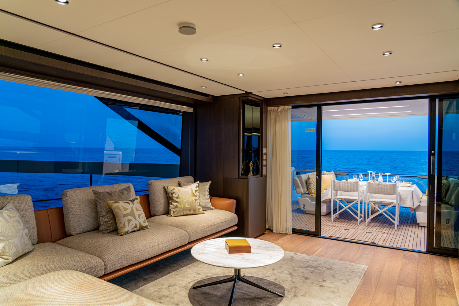 Yacht photoshoot featuring a luxurious master cabin in Saint-Tropez.