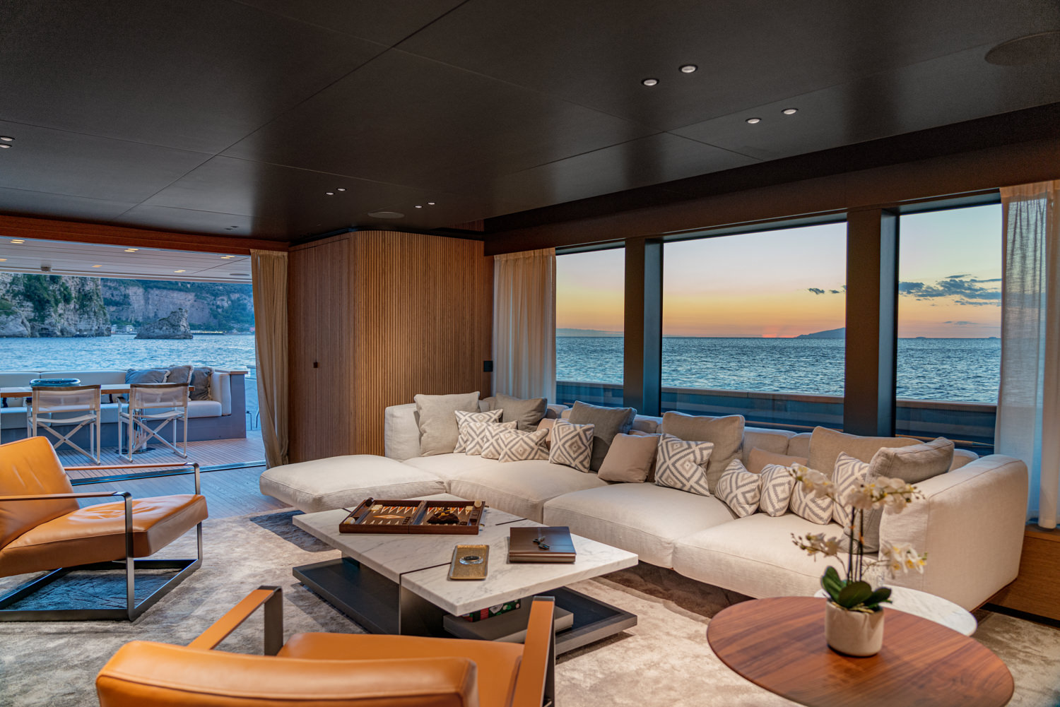 Luxury yacht guest cabin with elegant decor, photographed in Cannes.