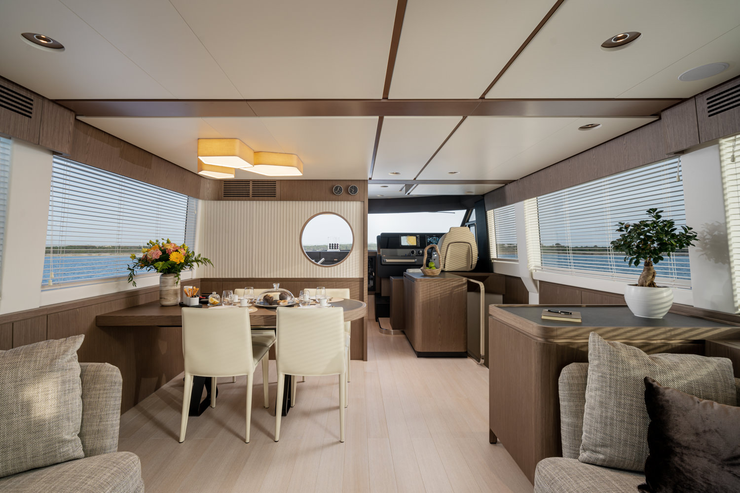 Luxury yacht dining area with refined design, photographed in Antibes.