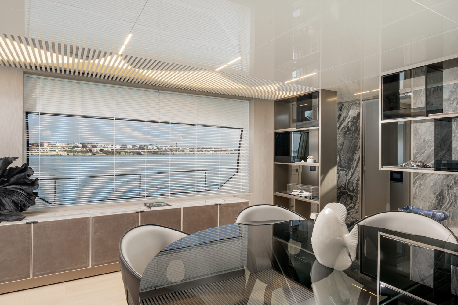 Main salon of a Ferretti yacht with luxurious design, photographed in Sanremo.