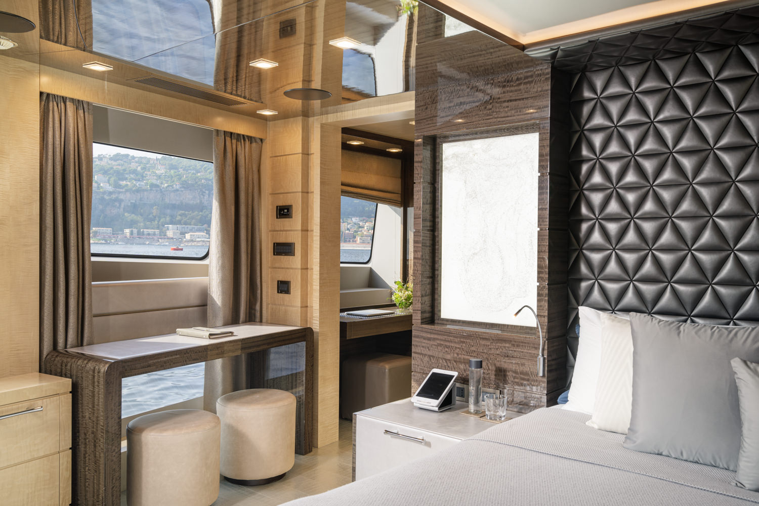 Benetti yacht owner room with luxurious design, photographed in Portofino.