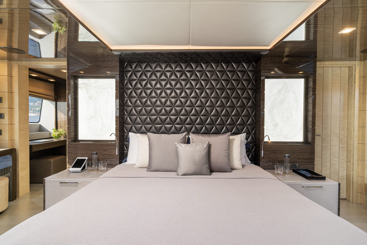 Benetti yacht master room with refined elegance, photographed in Saint-Tropez.