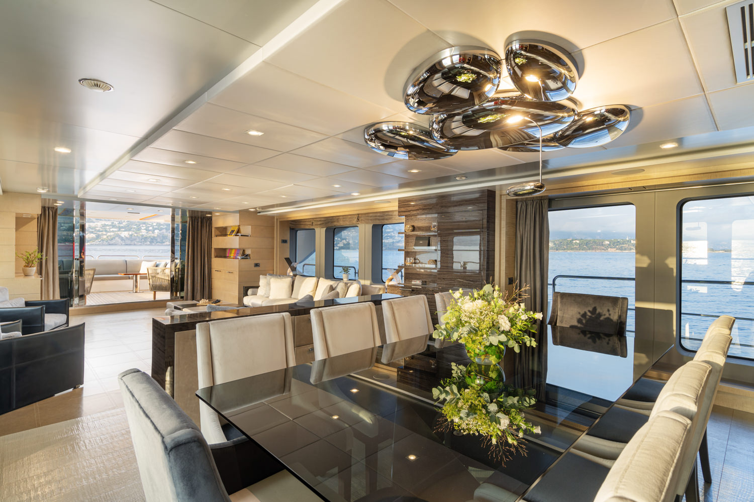 Benetti yacht main salon with elegant decor, photographed in Cannes