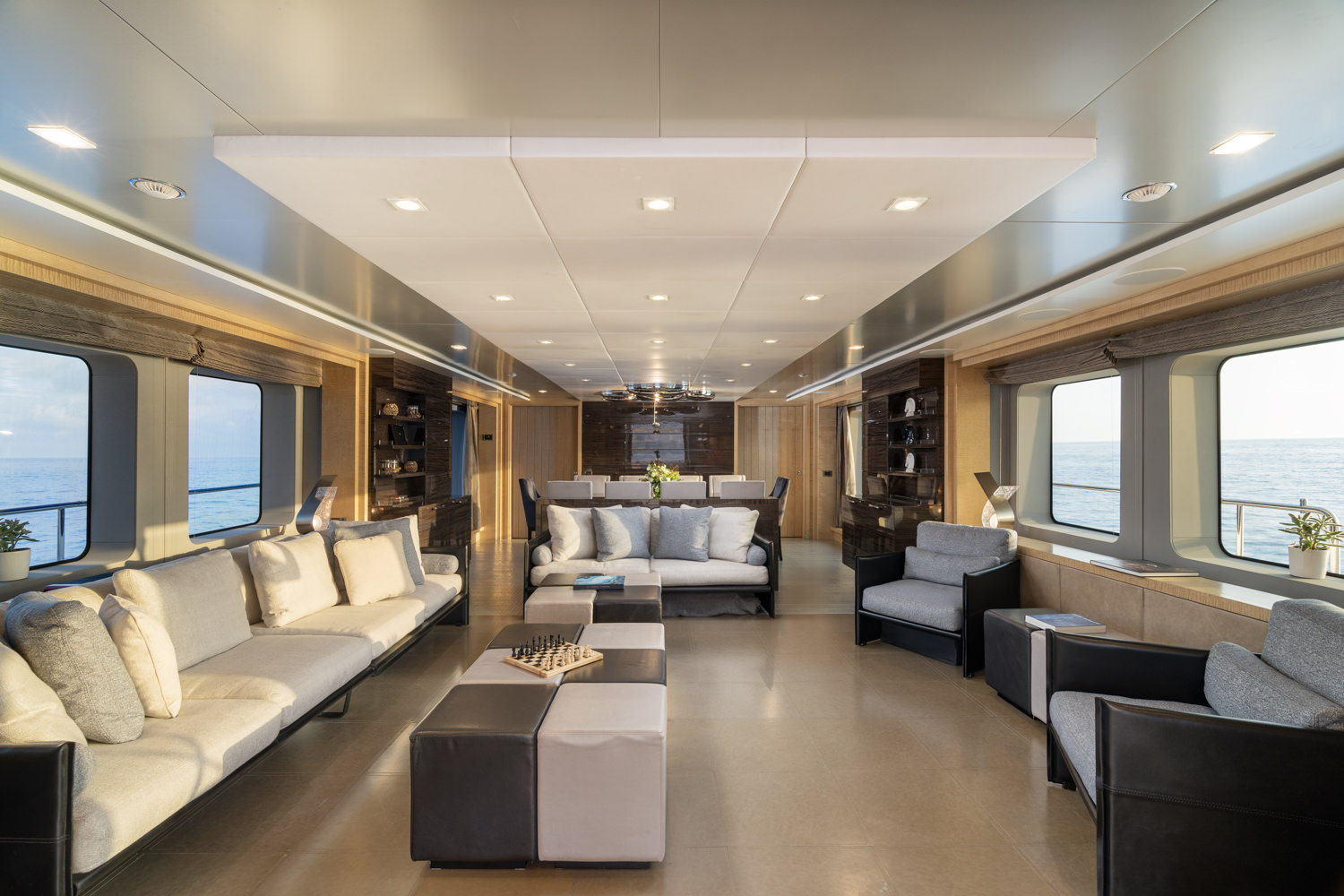 Benetti yacht main salon with luxurious design, photographed in Nice.