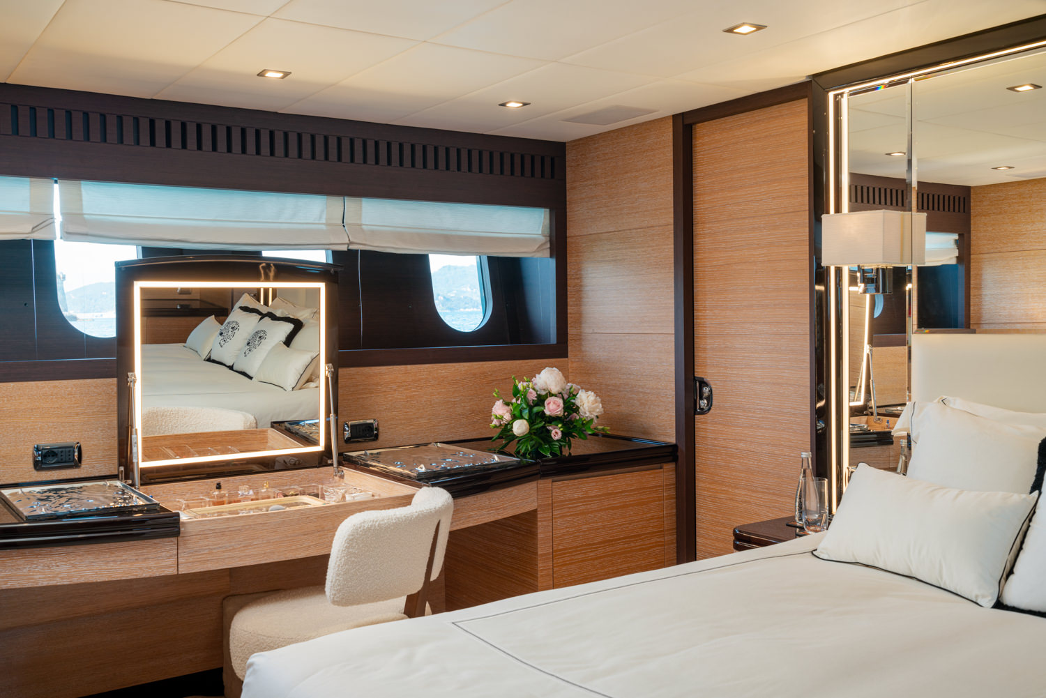 Luxury yacht master bedroom with sophisticated design, photographed in Portofino.