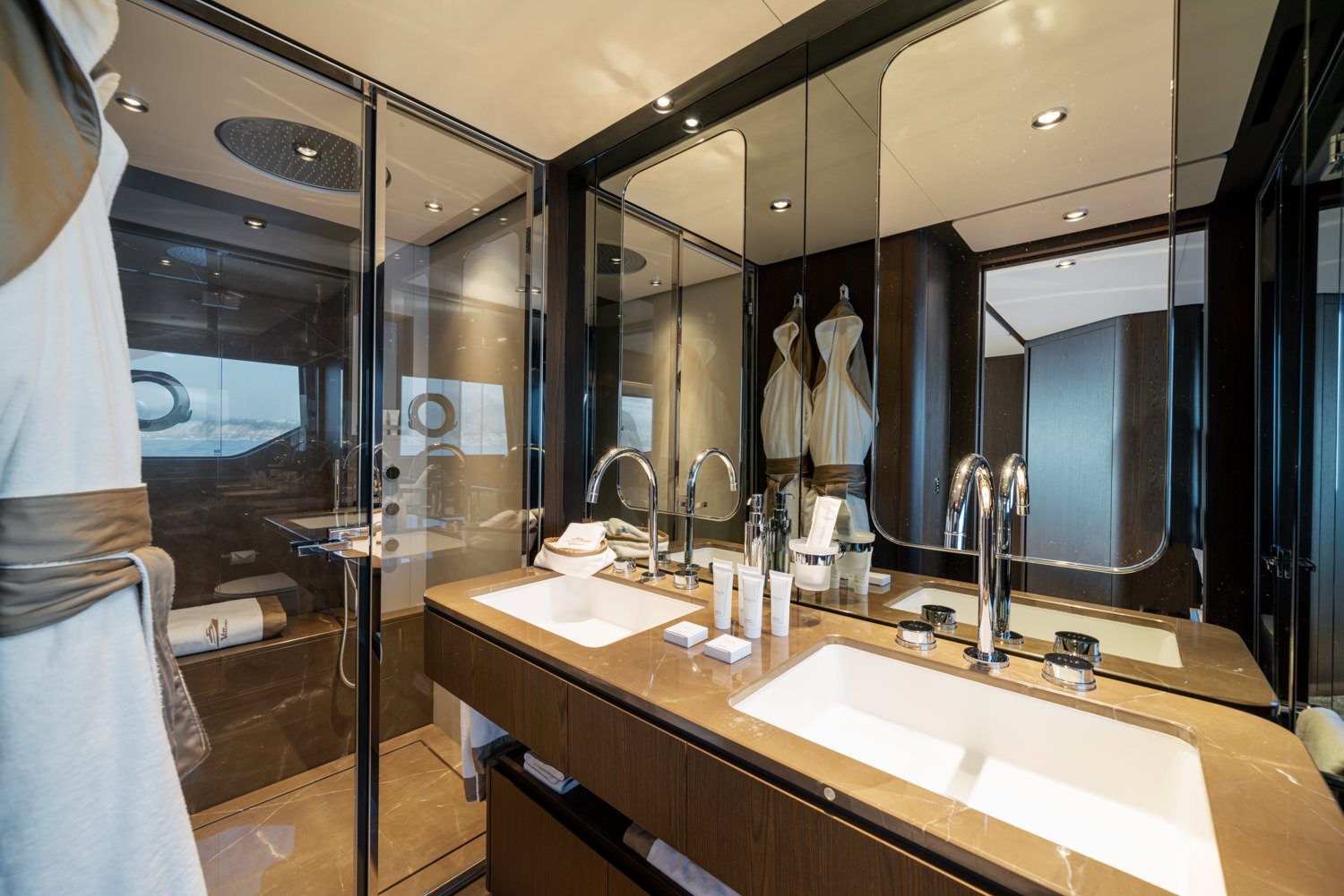 Luxury yacht bar area with contemporary styling, photographed in Cannes.