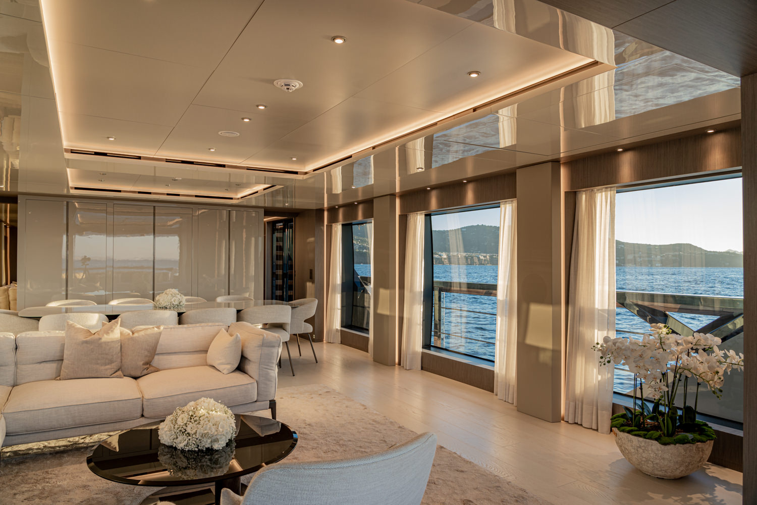 Main salon aboard a Ferretti yacht, photographed in Cannes.