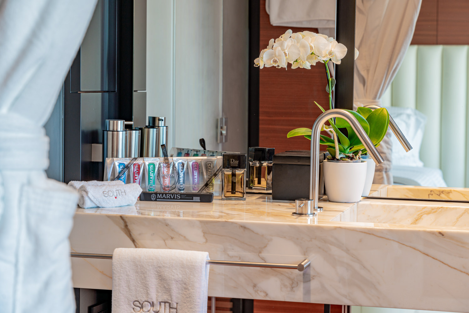 Elegant bathroom aboard a luxury yacht, photographed in Saint-Tropez.