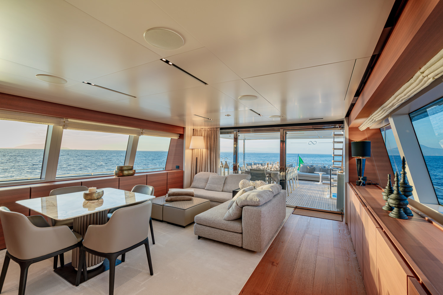 Upper salon aboard a Ferretti yacht, photographed in Monaco.