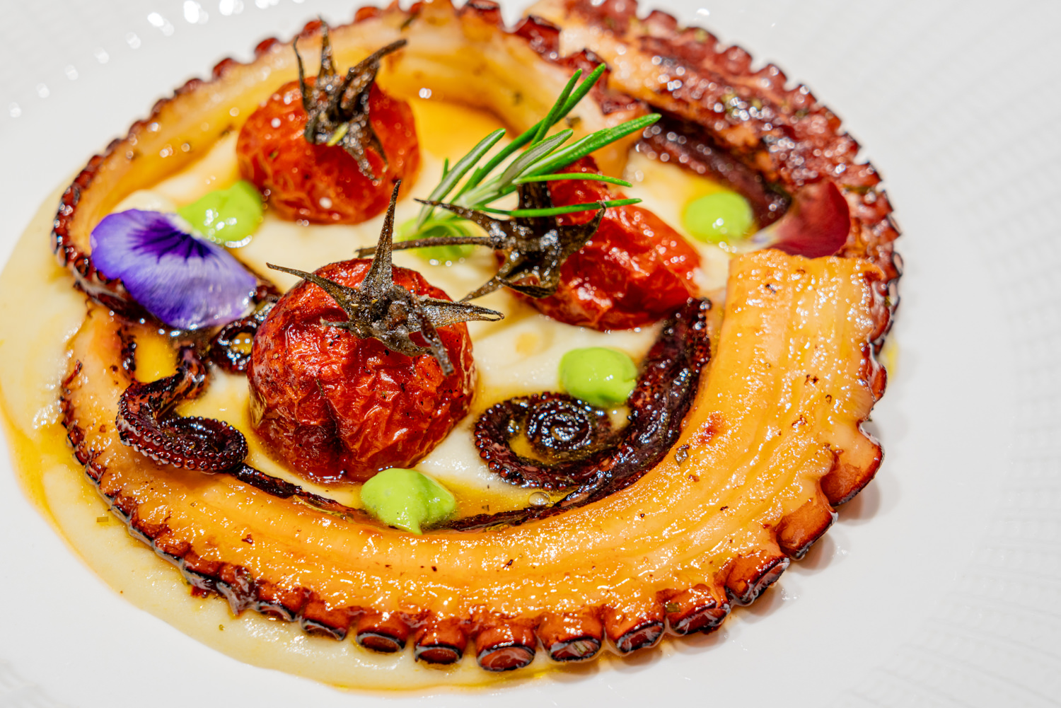 Close-up of gourmet octopus dish aboard a luxury yacht, photographed in Positano.
