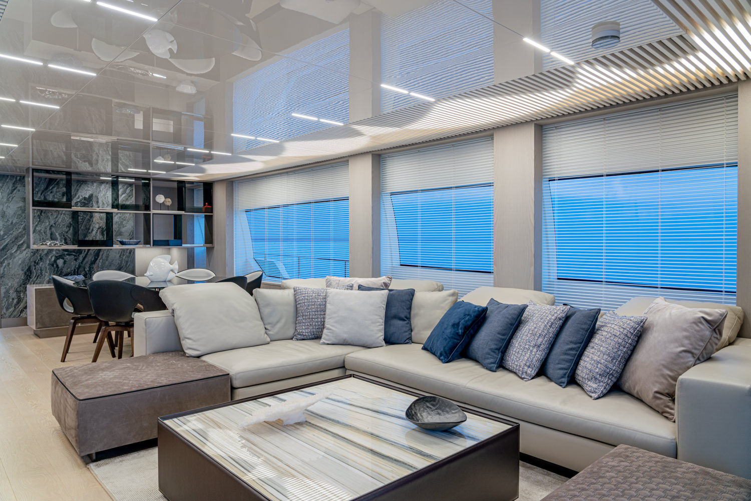 Luxury yacht guest cabin with stylish decor, photographed in Sanremo.