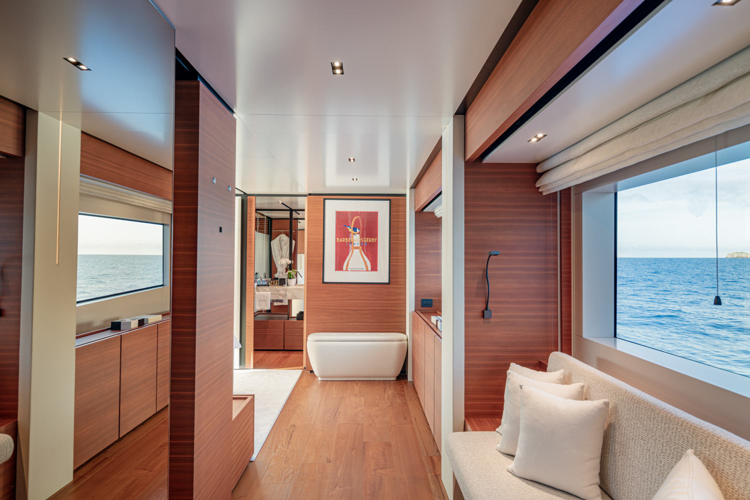 Luxurious master cabin aboard a luxury yacht, photographed in Monaco.