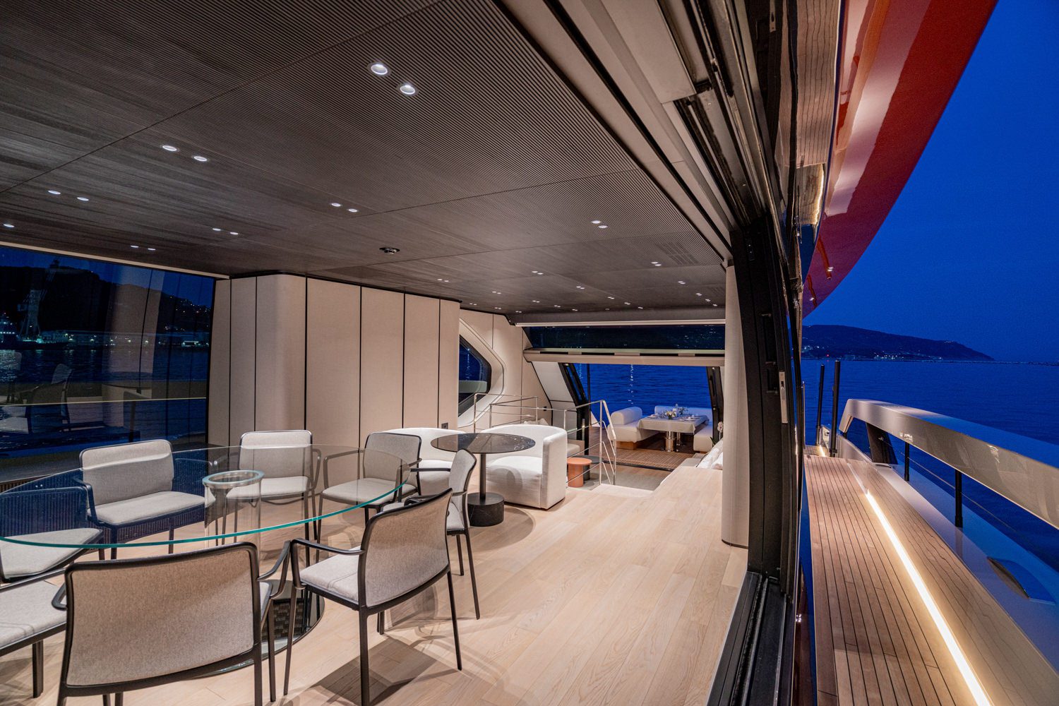 View of the formal dining area on a mega yacht in Cannes.