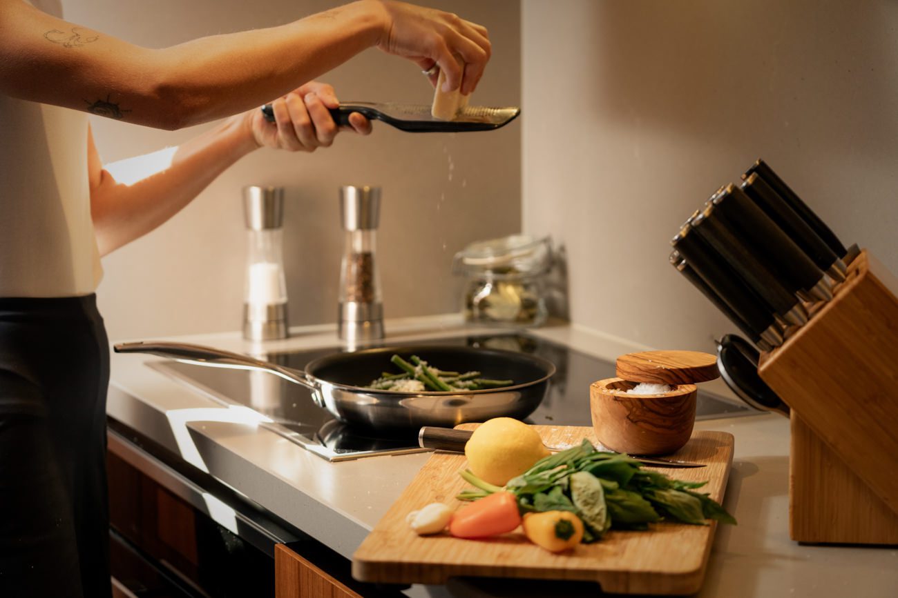 A dish being prepared in a yacht galley during a lifestyle photography production.