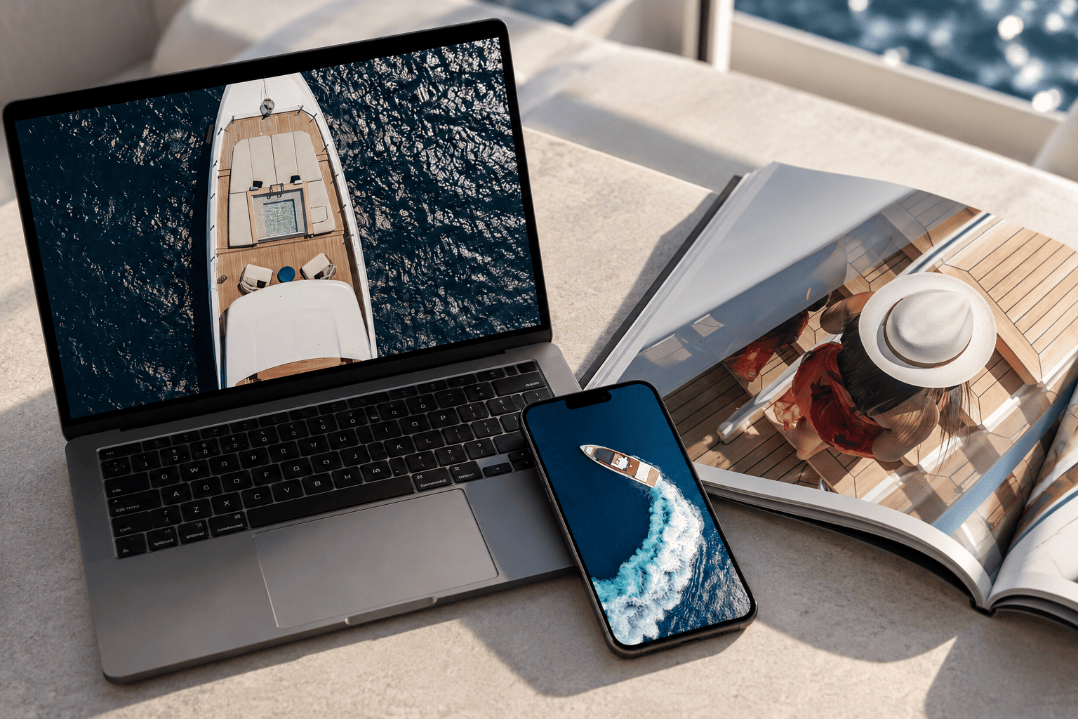 Yacht photography displayed on a laptop, smartphone and printed brochure for digital and print marketing.